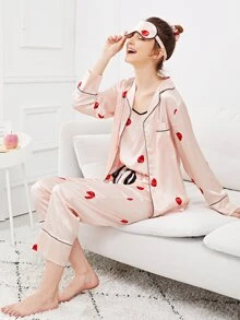 SHEIN 7pcs Strawberry Print Cami Pajama Set With Shirt - Baby Pink - View 2