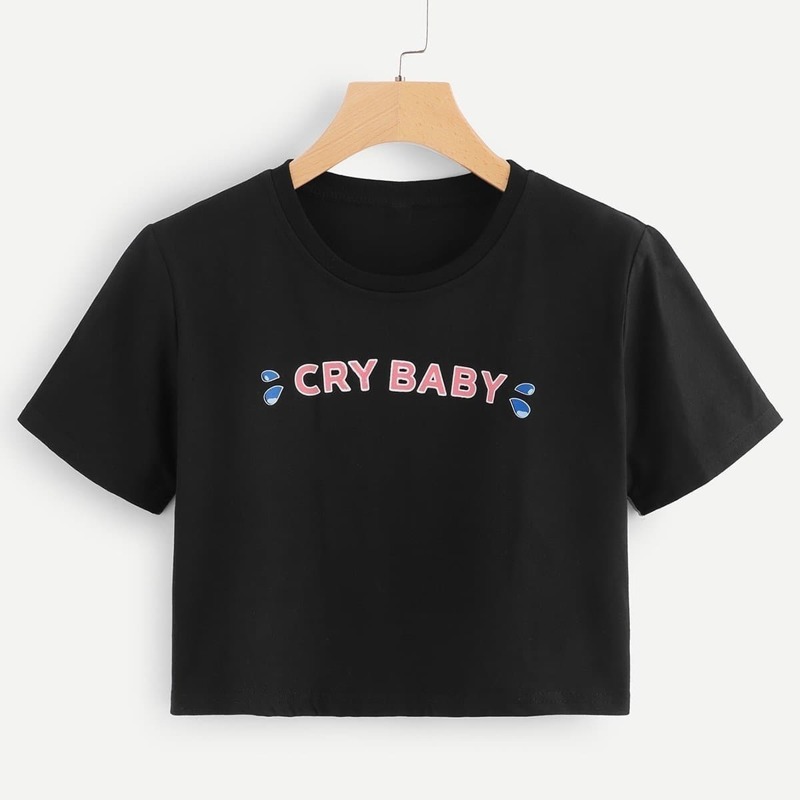 

Letter Print Crop Tee, Black