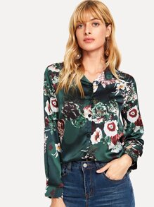 Floral Print Curved Hem Blouse