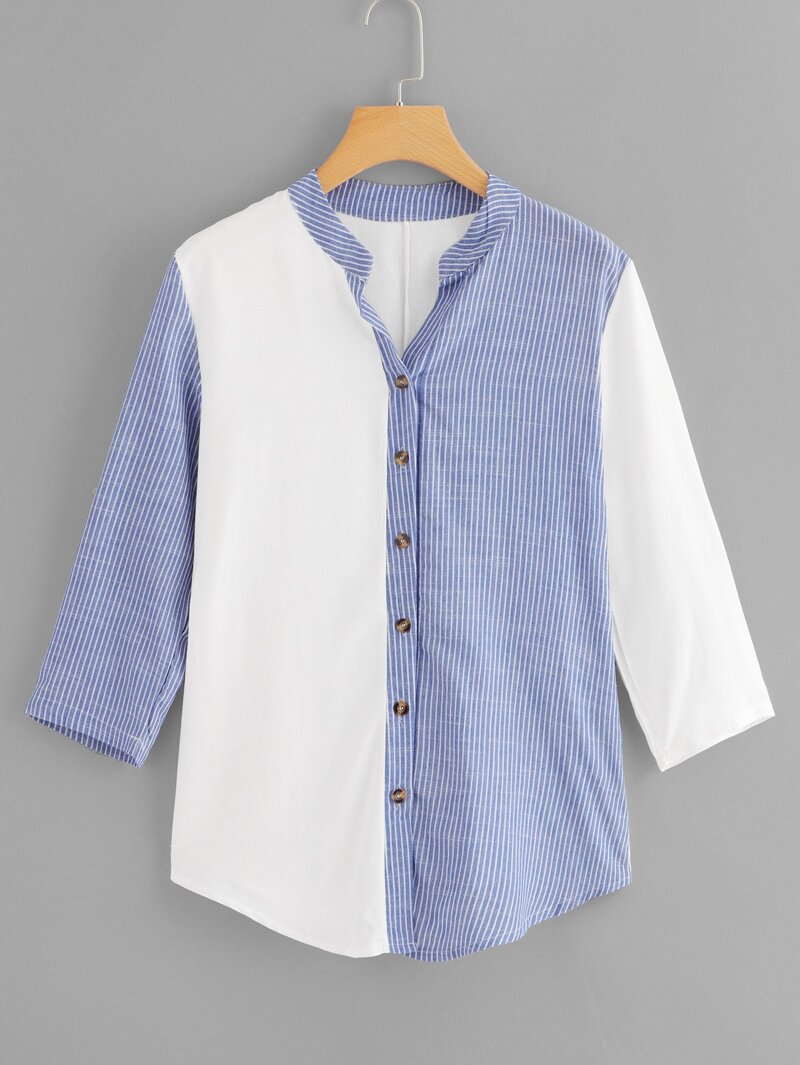 

Striped Panel Single Breasted Blouse, Blue