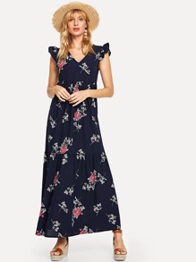 Floral Print Ruffle Trim Dress