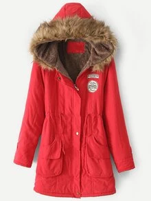 Patched Decoration Drawstring Waist Hooded Coat - Red - View 1