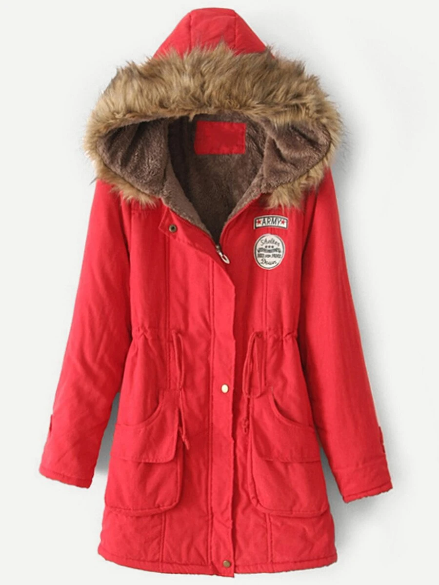 Patched Decoration Drawstring Waist Hooded Coat - Red - View 1