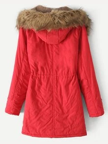 Patched Decoration Drawstring Waist Hooded Coat - Red - View 2