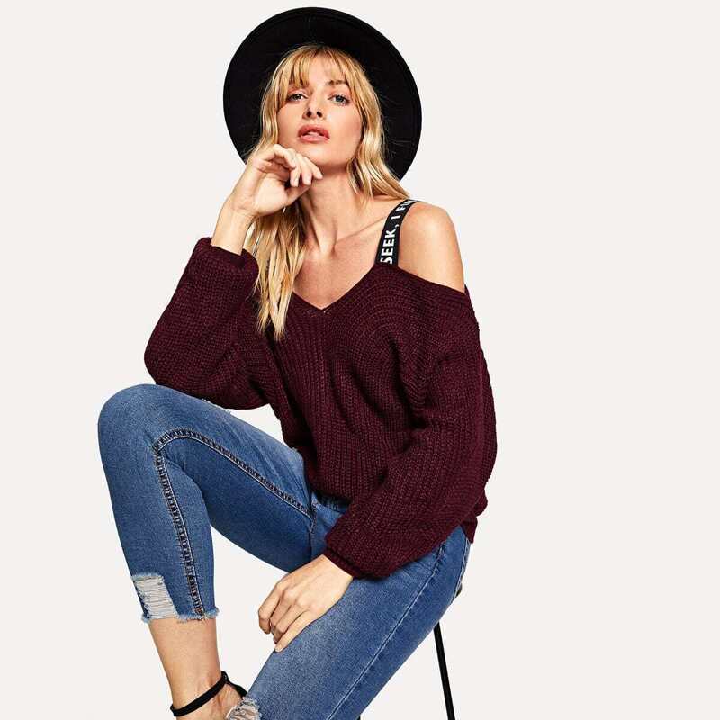 

Cold Shoulder Letter Print Sweater, Burgundy