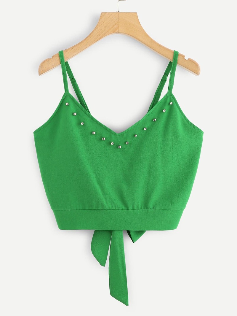

Laser Cut Back Pearl Beaded Cami Top, Turquoise