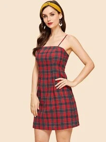 SHEIN 格子印花肩帶洋裝 - 紅色 - 查看 3