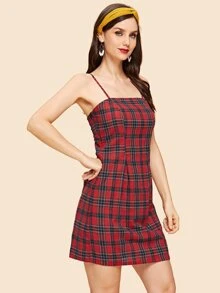 SHEIN 格子印花肩帶洋裝 - 紅色 - 查看 4