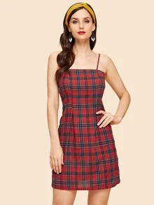 SHEIN 格子印花肩帶洋裝 - 紅色 - 查看 1