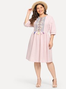 Plus Embroidery Tape Tassel Detail Pinstripe Dress