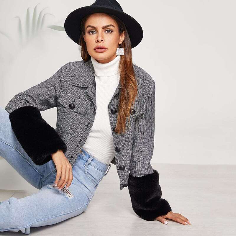 

Faux Fur Cuff Herringbone Jacket, Grey