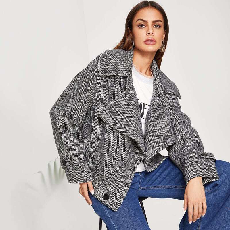 

Double Breasted Herringbone Jacket, Grey