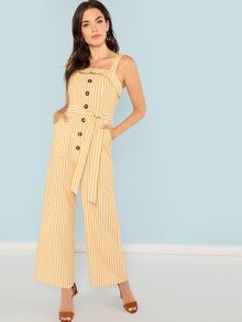 Foldover Button Front Belted Striped Jumpsuit