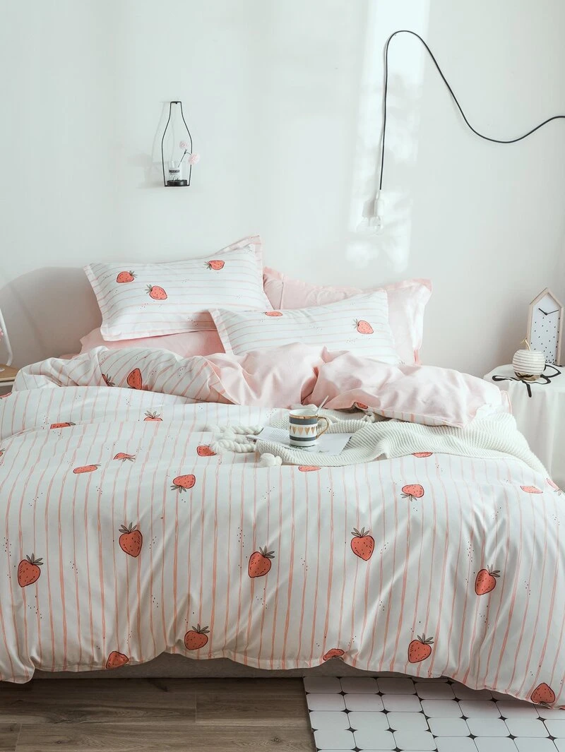 Strawberry Striped Print Duvet Cover 1 Pc Romwe
