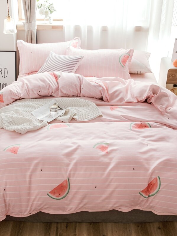 Watermelon Striped Print Duvet Cover 1 Pc Shein