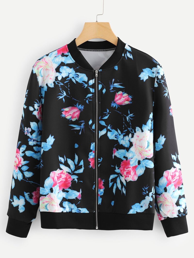

Stand Neck Floral Print Jacket, Black