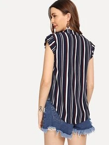 Blusa de rayas con escote de pico - Azul Marino - Ver 2