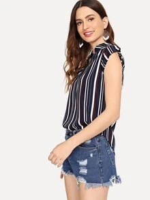 Blusa de rayas con escote de pico - Azul Marino - Ver 3
