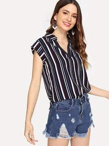 Blusa de rayas con escote de pico - Azul Marino - Ver 4
