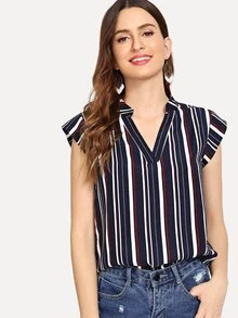 Blusa de rayas con escote de pico - Azul Marino - Ver 1