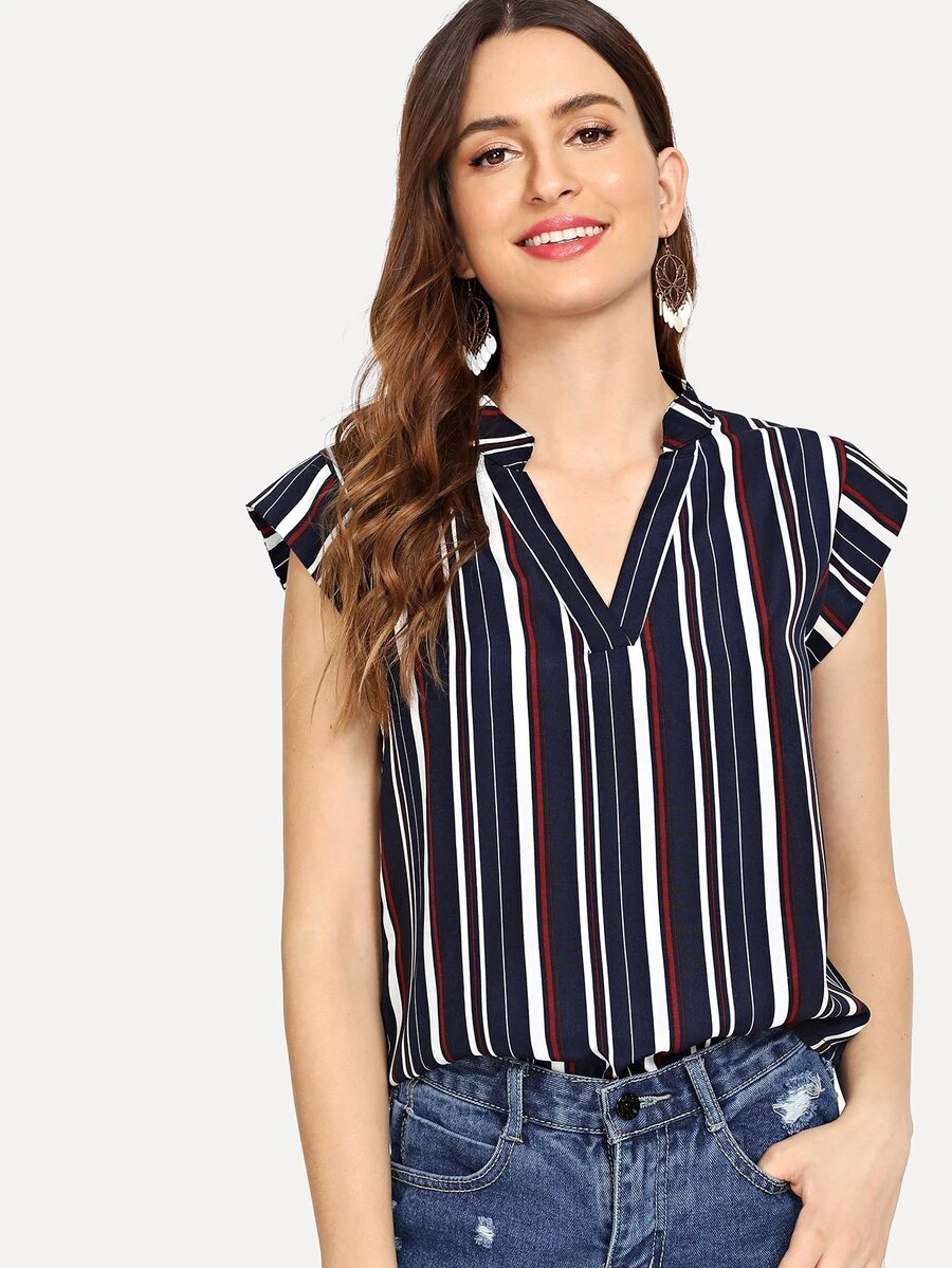 Blusa de rayas con escote de pico - Azul Marino - Ver 1