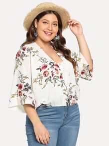 Plus Surplice Front Floral Print Blouse