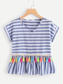 Plus Fringe Detail Striped Blouse