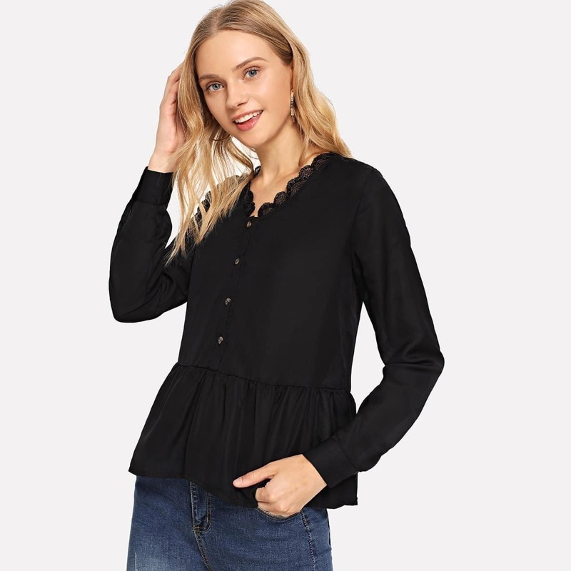 

Contrast Lace Ruffle Hem Blouse, Black
