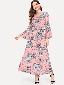 Cut Out Neck Floral Print Belted Dress