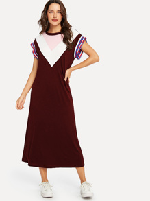 Chevron Colorblock Striped Ruffle Trim Dress