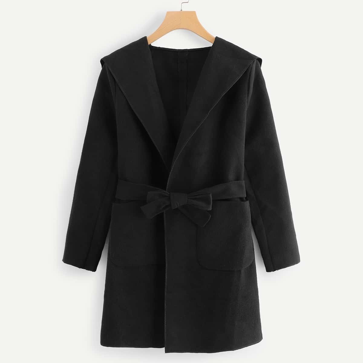 

Self Tie Waist Solid Hooded Coat, Black