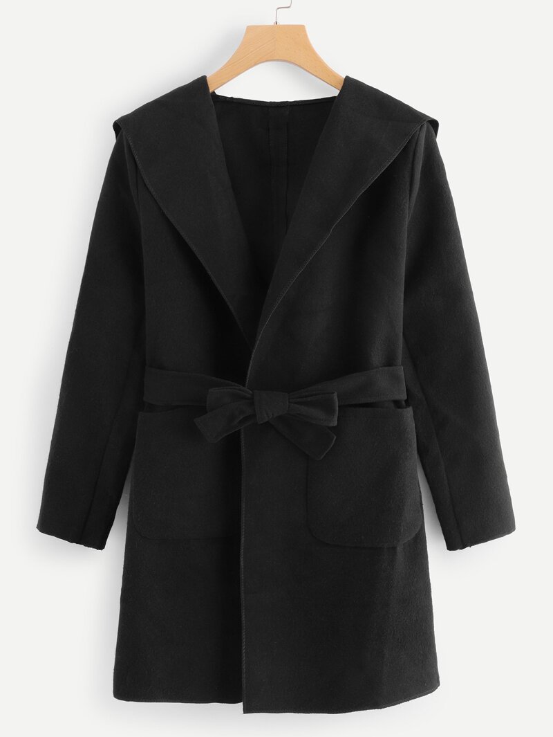 

Self Tie Waist Solid Hooded Coat, Black
