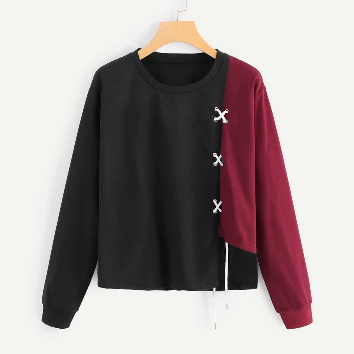 

Lace Up Cut And Sew Sweatshirt, Black