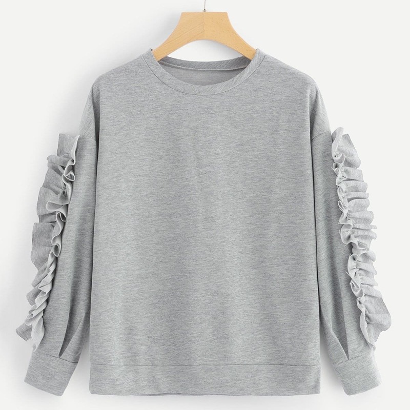 

Frill Decoration Solid Sweatshirt, Grey