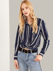 Twist Up Pocket Collar Neck Striped Top