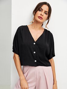 Button Front V-Neck Solid Top