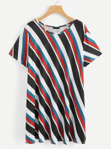 Plus Round Neck Striped Swing Dress