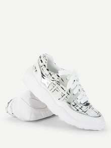 Metallic Panel Lace Up Tweed Sneakers