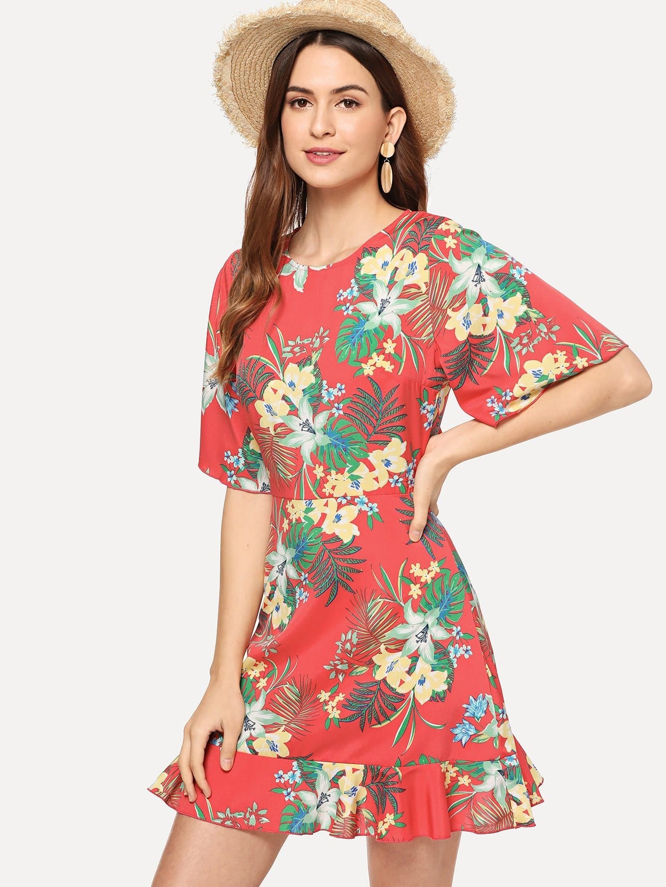 knot back ruffle hem floral dress -shein(sheinside)