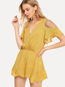 Open Shoulder Ruffle Trim Dot Jumpsuit