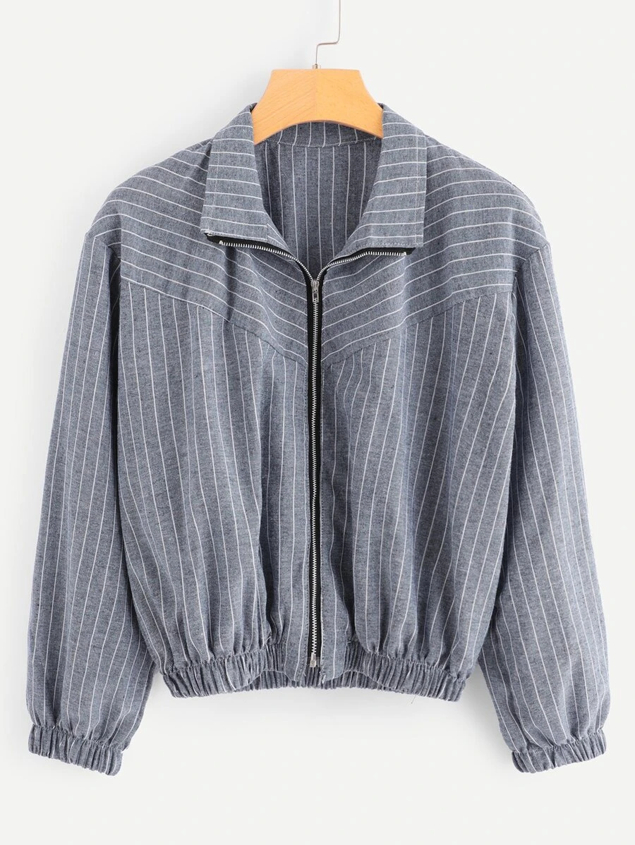 Striped Zip Up Jacket - Dusty Blue - View 1