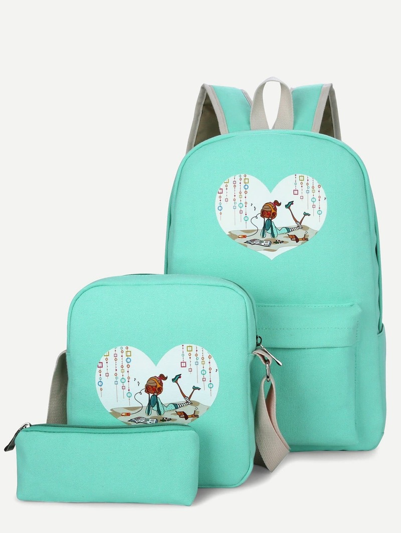 

Girl Print Backpack With Pencil Case 3pcs, Green