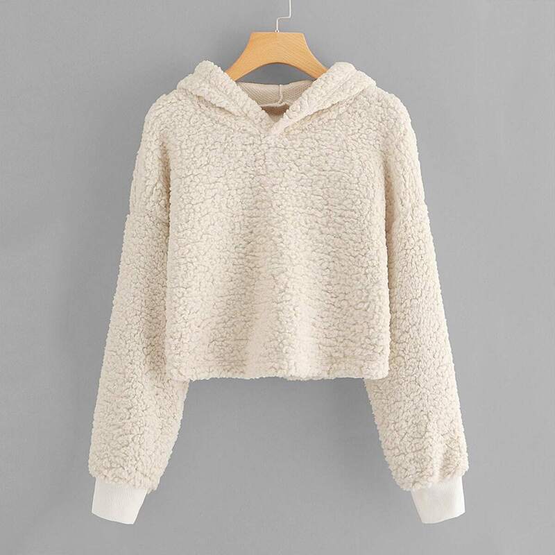 

Drop Shoulder Crop Teddy Hoodie, Beige