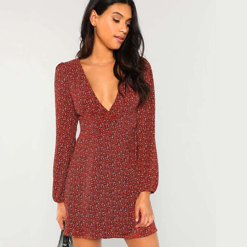 

Leopard Print Plung Neck Wrap Dress, Red