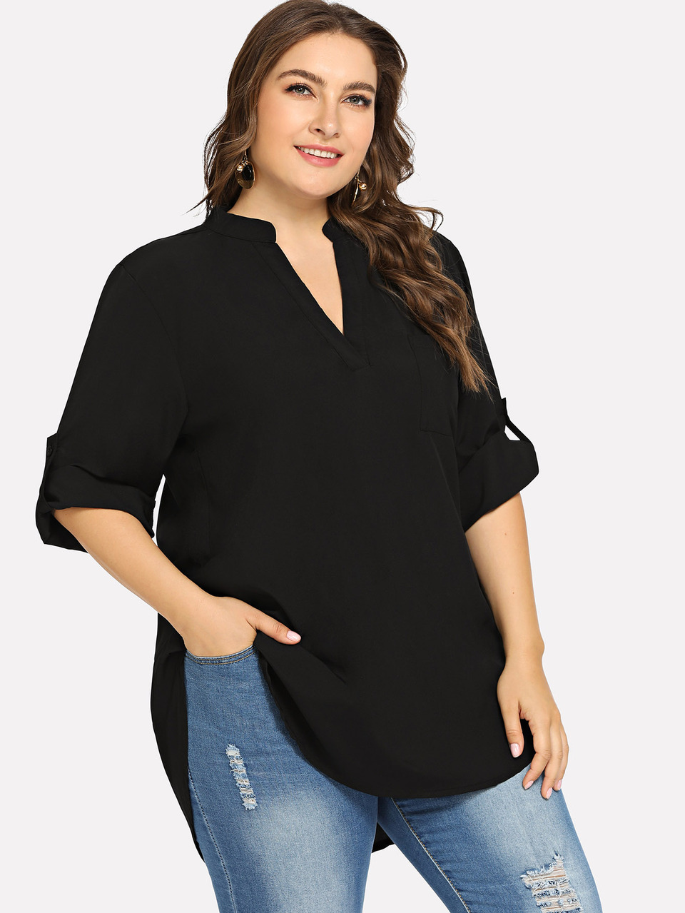 Plus Dip Hem Solid Blouse Fall Cloth For Women