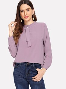 Pearl Detail Keyhole Back Solid Blouse