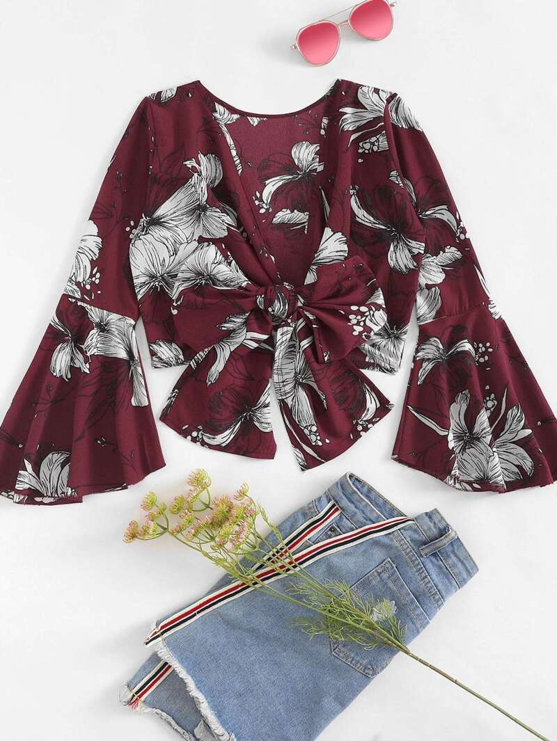 

Floral Print Knot Front Blouse, Burgundy