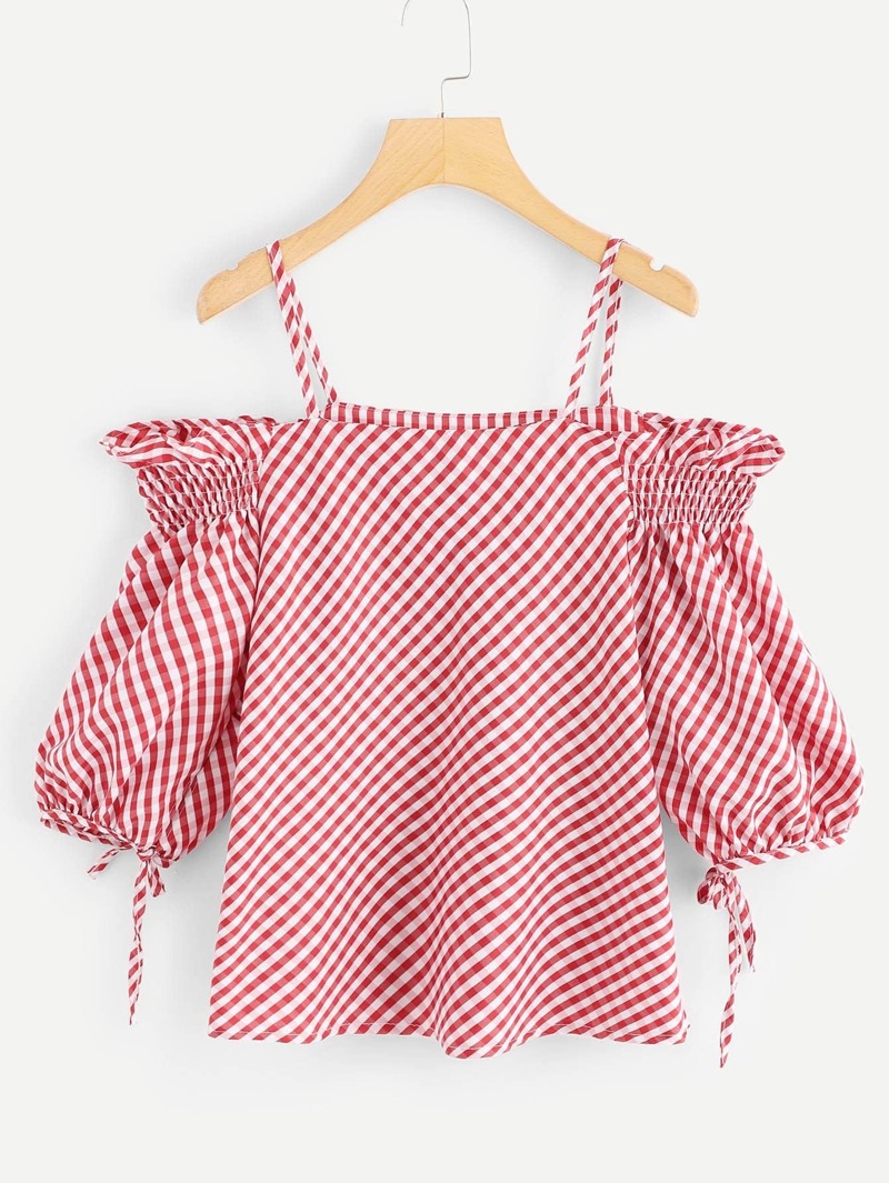 

Plaid Cold Shoulder Shirred Blouse, Red