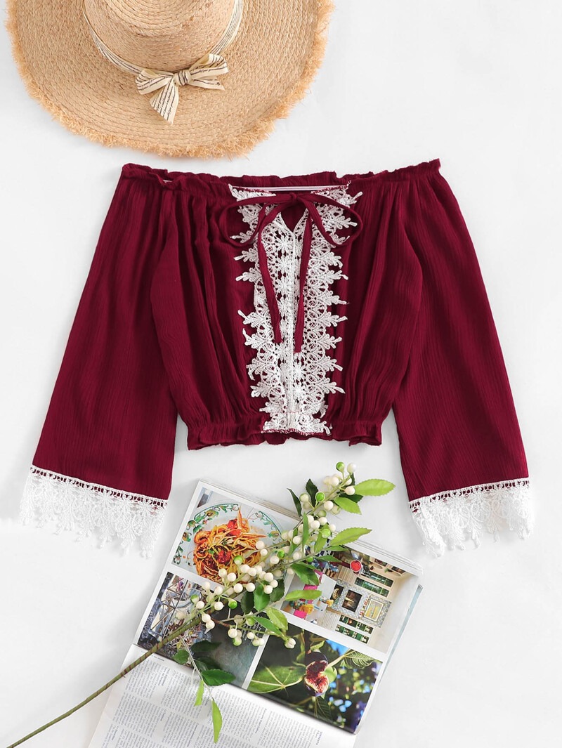 

Off Shoulder Lace Panel Blouse, Burgundy