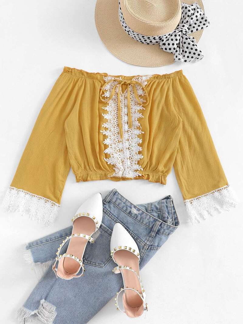 

Off Shoulder Lace Panel Blouse, Yellow